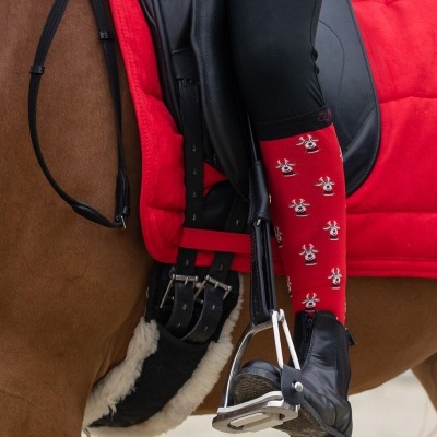 Perna de cavaleiro com meias vermelhas e sela preta em cavalo castanho