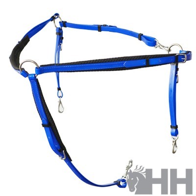 Cabresto de cavalo azul com reforço preto e ferragens metálicas
