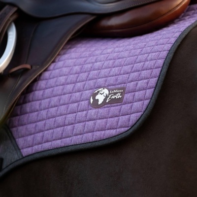 Sela de equitação preta com manta de sela roxa sobre cavalo castanho