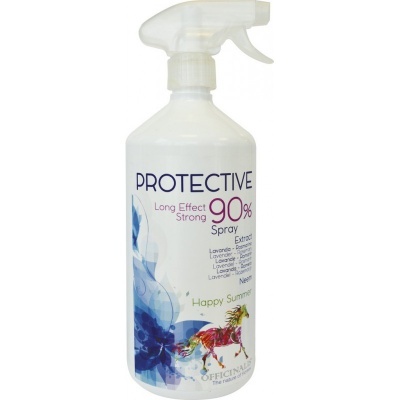Frasco pulverizador branco com etiqueta PROTECTIVE 90% e imagem colorida de cavalo.