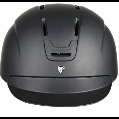 Capacete preto fosco com aberturas de ventilação e logotipo frontal