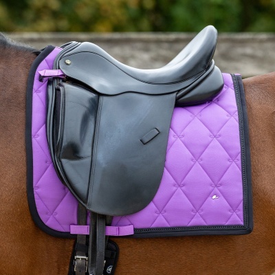 Sela de equitação preta em cavalo castanho com alforge roxo acolchoado.