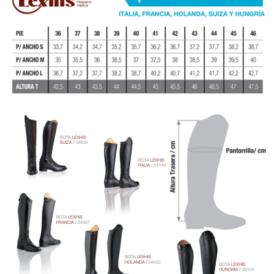 Tabela de tamanhos e imagens de botas Lexhis em vários modelos