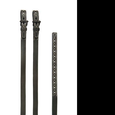 Três tiras de couro preto com padrões brancos e fivelas pretas