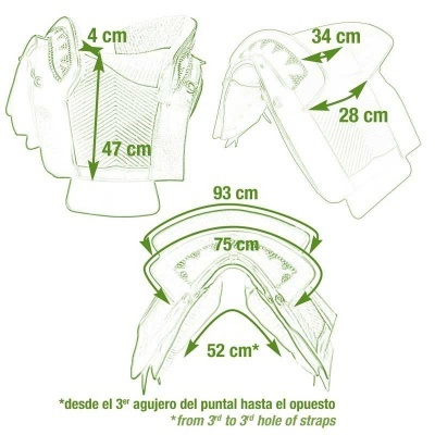 Desenho técnico verde de uma sela de cavalo com medidas em centímetros e legenda em espanhol e inglês