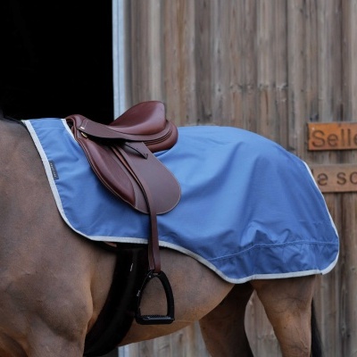 Cavalo com sela de couro castanho escuro e manta azul com borda cinza