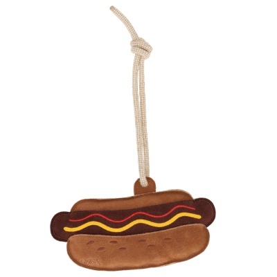 Brinquedo pendente em forma de cachorro-quente com corda para pendurar