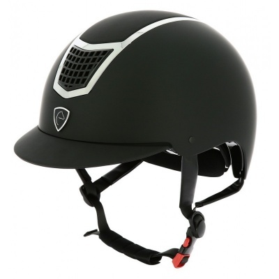 Capacete de equitação preto com detalhes brancos e ventilação frontal