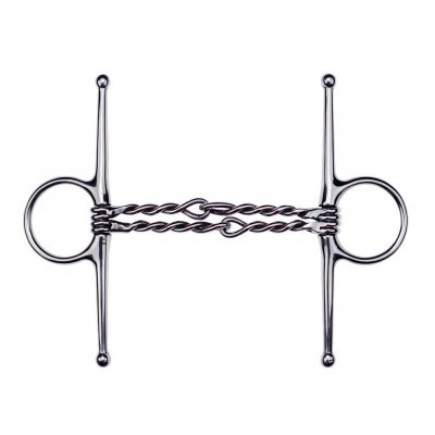 Freio de metal prateado para equitação com design retorcido no centro