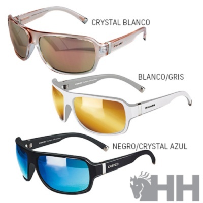 Três óculos de sol em várias cores e estilos com texto descritivo ao lado de cada um.