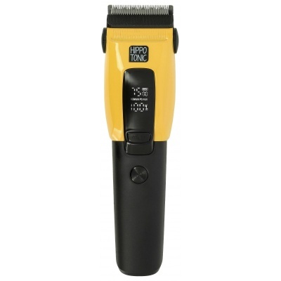 Aparelho de corte de cabelo amarelo e preto com display digital e botão de controle