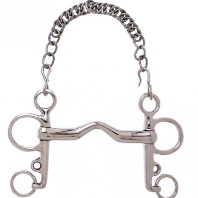 Freio metálico para cavalo com corrente e peça curva em metal prateado