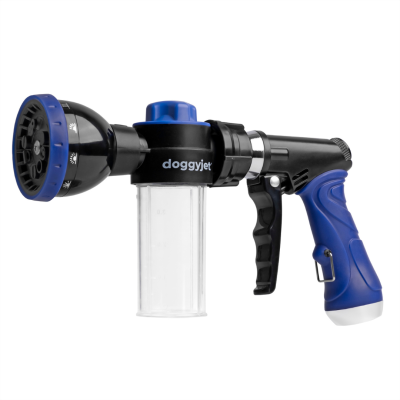 Lava-ossos preto e azul com recipiente transparente e texto 'doggyjet'