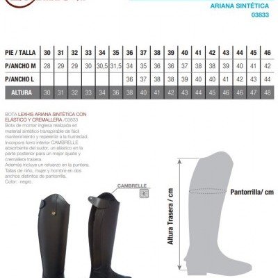 Ficha técnica e tabela de tamanhos de botas Lexhis Ariana Sintética pretas