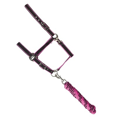 Cabresto de equitação rosa e preto com corda trançada