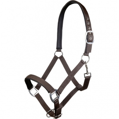 Cabresto para cavalo castanho em nylon com detalhes metálicos
