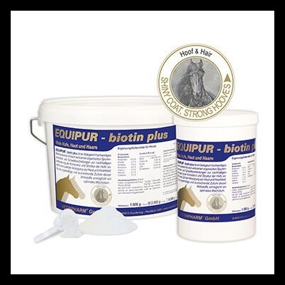 Dois recipientes de suplemento EQUIPUR - biotin plus para cavalos com colher e pó branco
