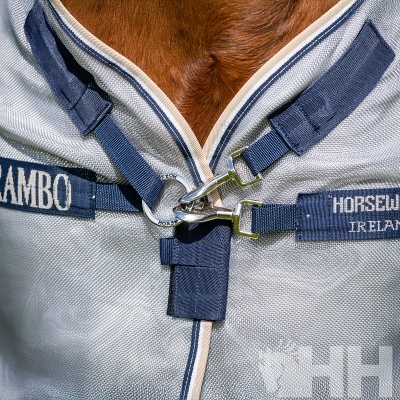 Peito de cavalo com manta cinzenta e fitas azuis com texto