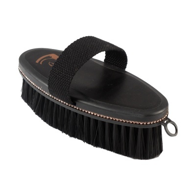 Escova preta para cavalo com alça de tecido e cerdas pretas