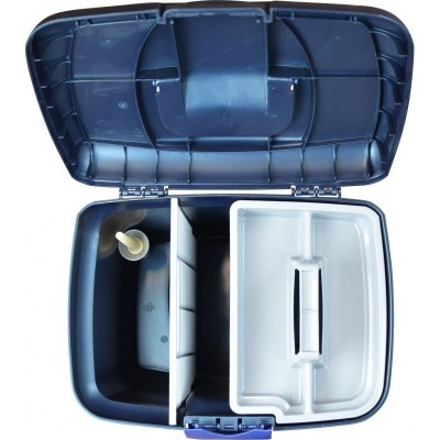 Caixa de plástico azul escuro com divisórias interiores e tubo amarelo claro