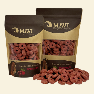 Pacotes de snacks naturais para cavalos MAVI sabor Beterraba com snacks vermelhos em forma de anel