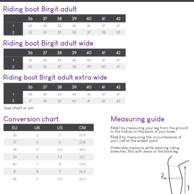 Tabela de tamanhos e guia de medição para botas de equitação Birgit para adultos