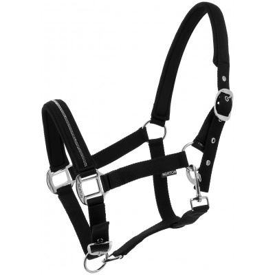 Cabresto preto para cavalo com fivelas metálicas e acolchoamento em neoprene.