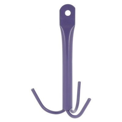 Gancho de parede roxo metálico com três ganchos e orifício de fixação