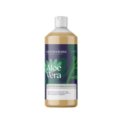 Frasco plástico de suplemento de Aloe Vera Hilton Herbs com rótulo azul escuro e verde