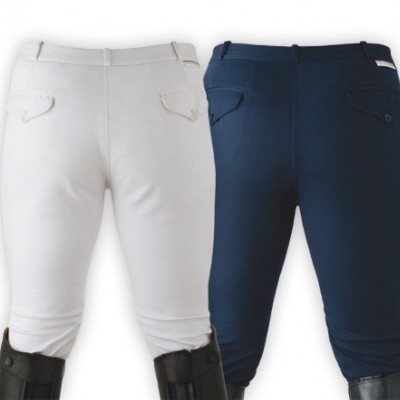 Dois pares de calças de equitação branco e azul escuro vistos de trás