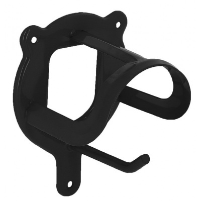Suporte de parede preto com estrutura circular e gancho