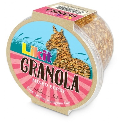 pacote de incentivo para animais Likit Granola Mixed Berry em embalagem transparente e rótulo azul e rosa