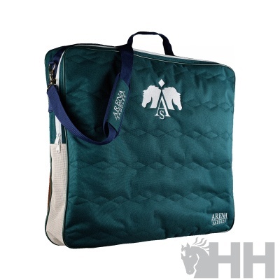 Bolsa de transporte verde escura com alça azul e logótipos brancos