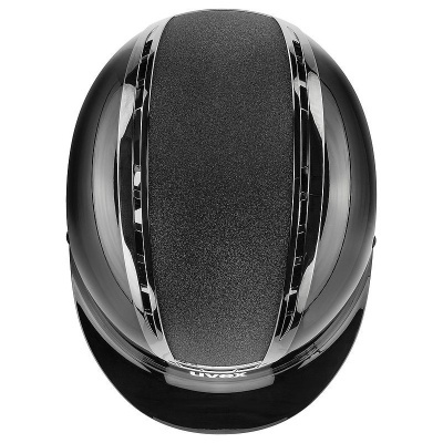 Capacete de equitação preto com faixas de ventilação e nome UVEX