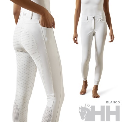 Calças de equitação femininas brancas com textura antiderrapante e logo HH cinzento