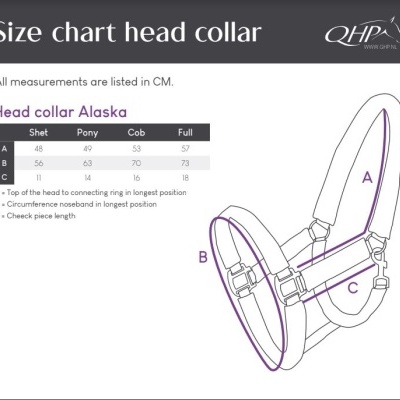 Tabela de tamanhos para cabresto de cabeça Alaska QHP com medidas em cm