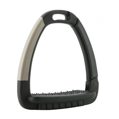 Estribo equestre preto com apoio lateral cinzento e base antiderrapante