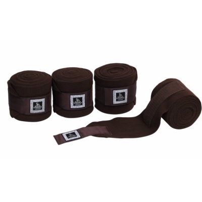 Conjunto de quatro bandagens elásticas castanhas com etiquetas brancas e selo preto.