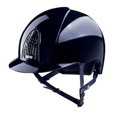 Capacete de equitação preto brilhante com correias ajustáveis e ventilação frontal com texto KEP