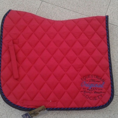 Tapa-sela vermelho com bordado azul em piso de azulejos