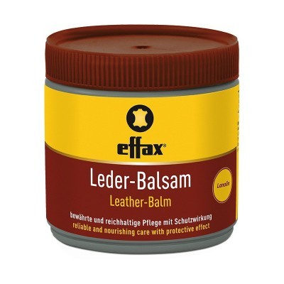 Potinho com bálsamo para couro Effax Leder-Balsam com tampa castanha e rótulo amarelo e castanho