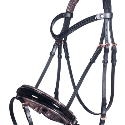 Bridão de equitação em couro preto com almofadado castanho e fivelas douradas