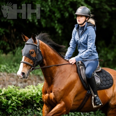 Cavaleira com roupa azul e capacete montada num cavalo castanho com acessórios pretos
