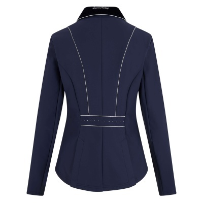 Casaco feminino azul escuro com costuras brancas vista traseira