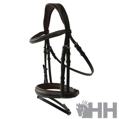 Cabresto de cavalo em couro preto com detalhes castanhos e fivelas metálicas