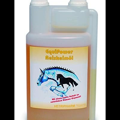 Frasco de óleo EquiPower Reiskeimöl para cavalos com rótulo ilustrado