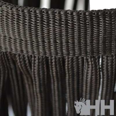 Peça têxtil castanha trançada com franjas e logótipo HH com cavalo