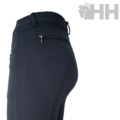 Calças pretas justas com bolso de fecho e cinto em fundo branco com logótipo HH cinzento