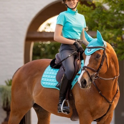 Cavaleira com roupa azul turquesa montada em cavalo castanho com equipamentos azuis.