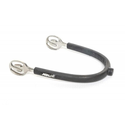 Espora de equitação metálica com parte central preta e texto METAL ABEC